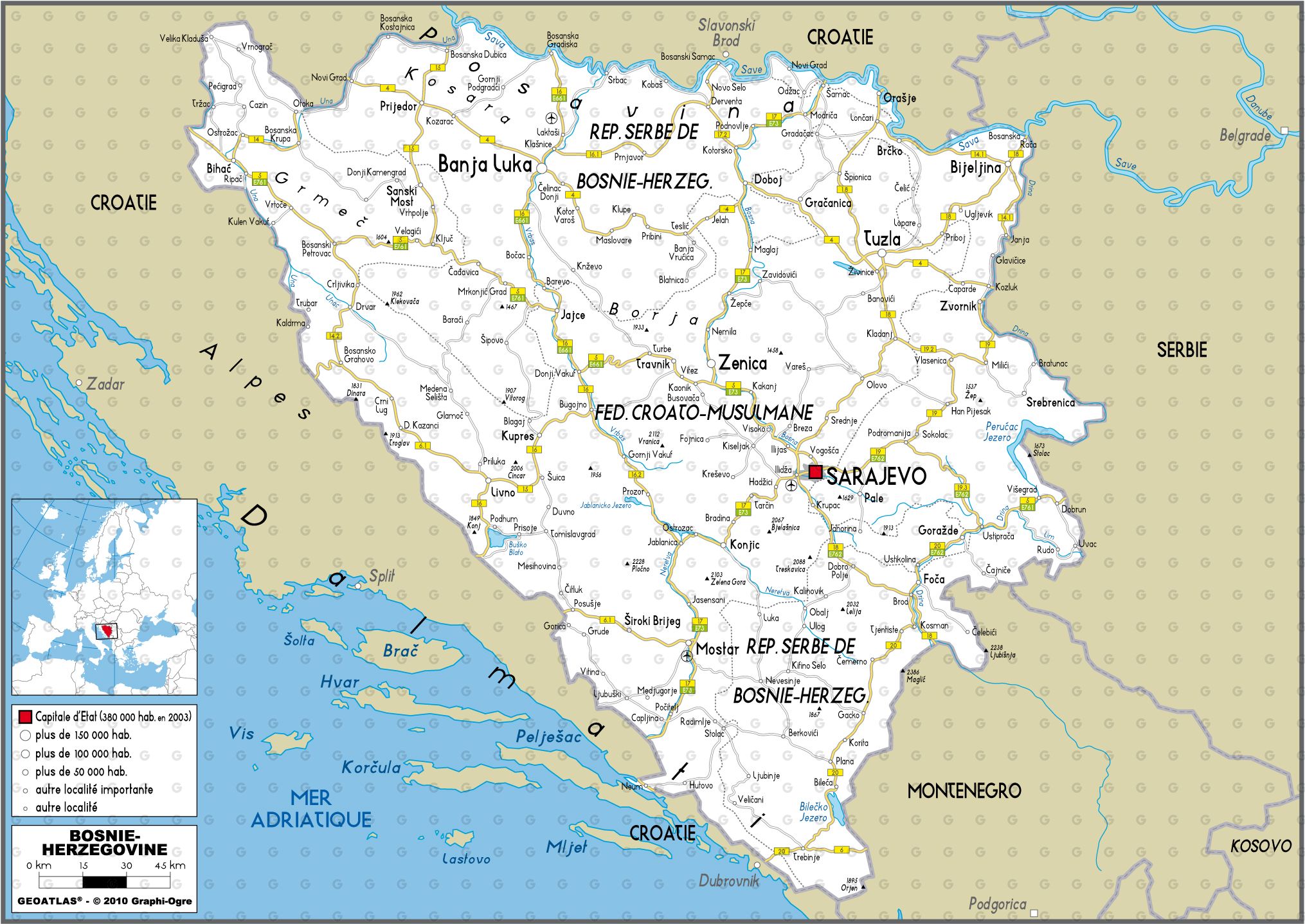 Fondo de mapa de bosnia y herzegovina con nombres de regiones y
