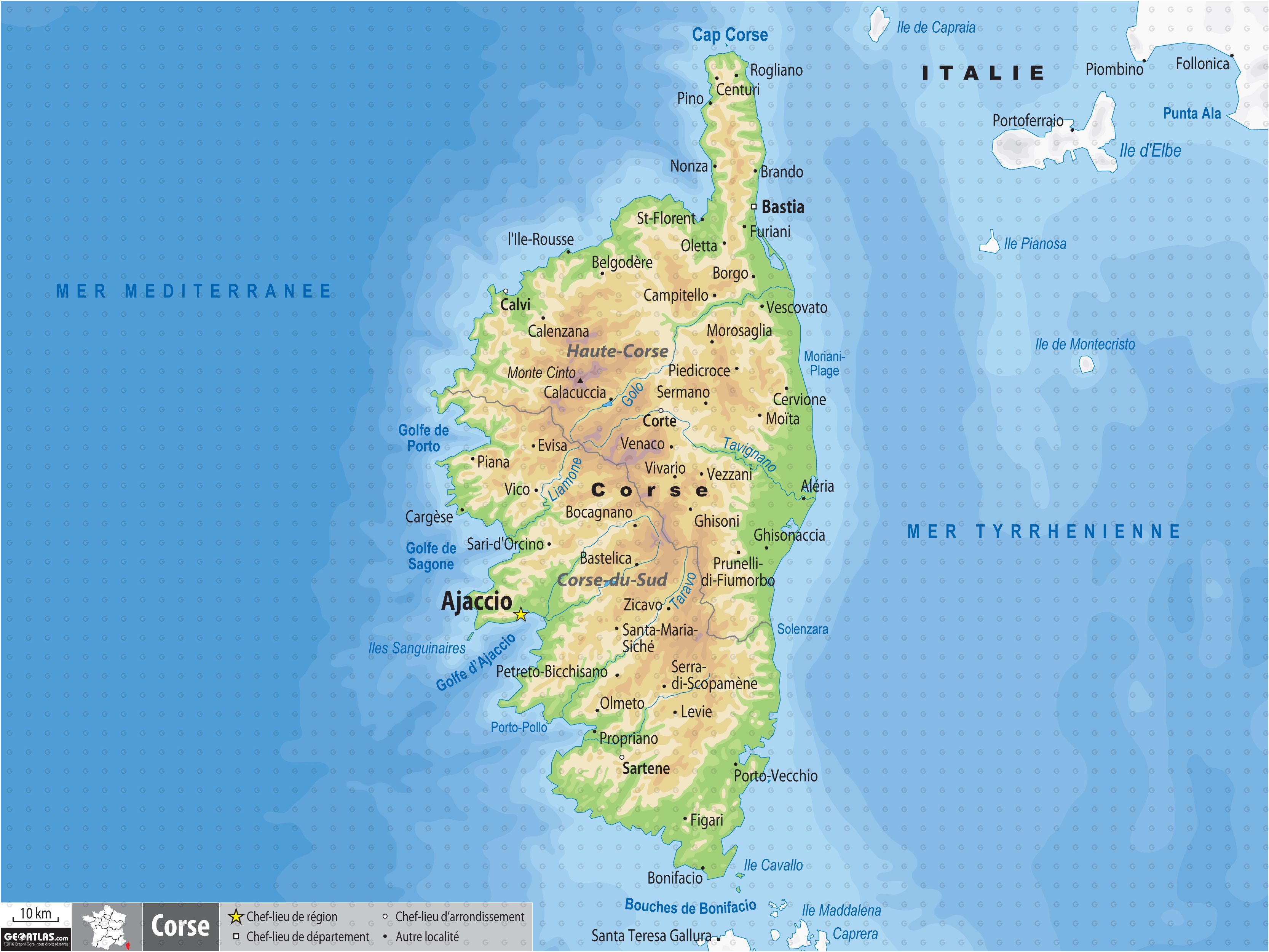Reliefkarte Korsika - Detaillierte 3D Karte 1:350.000 Mit Sehenswürdigkeiten